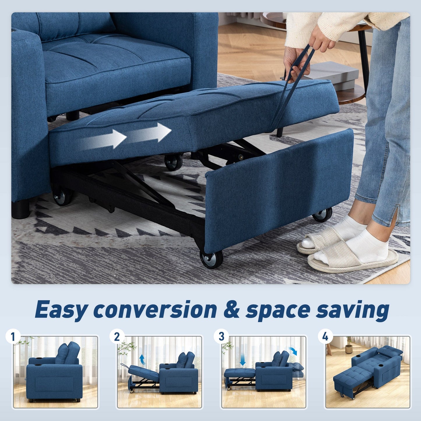 HOMCOM 3-in-1 Single Sofa Bed, Convertible Sleeper Chair Bed - Dark Blue