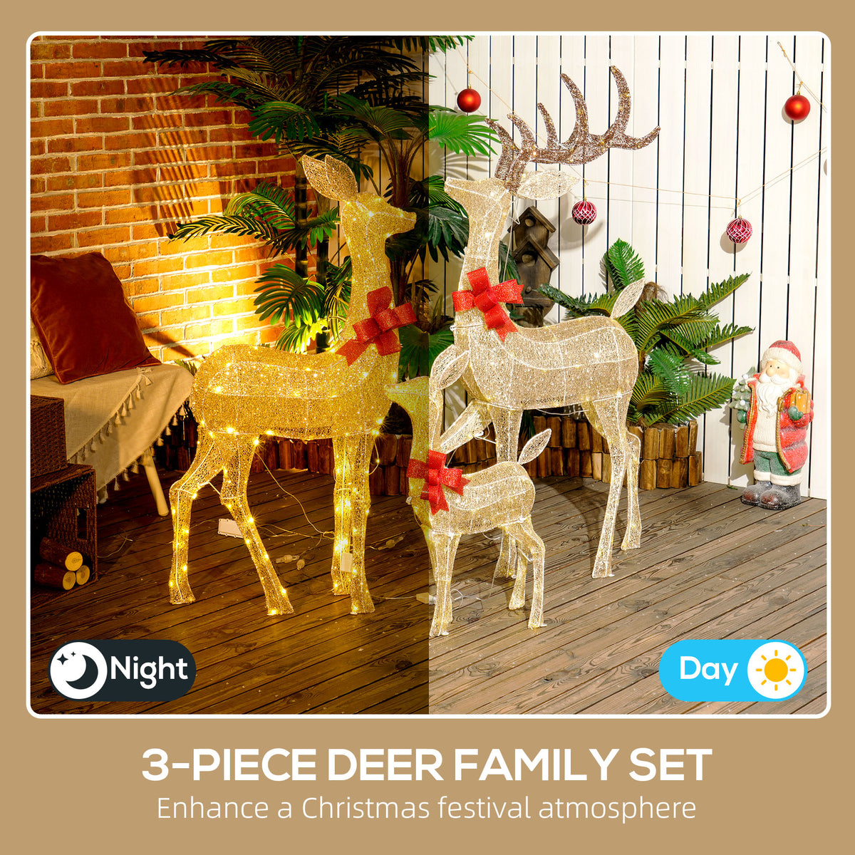 Outsunny Lighted Reindeer Christmas Decorations Outdoor in Gold Tone
