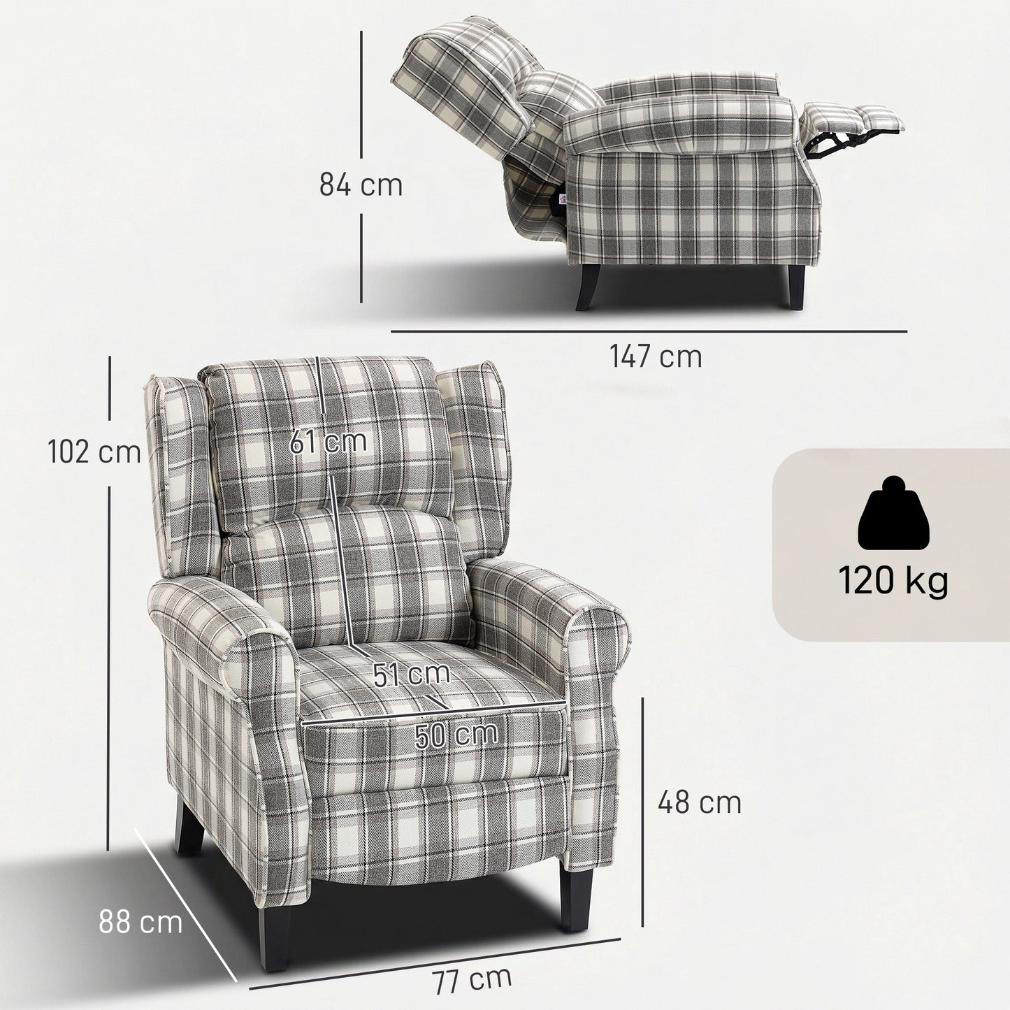 HOMCOM 160 degrees Reclining Armchair, with Footrest - Grey and White