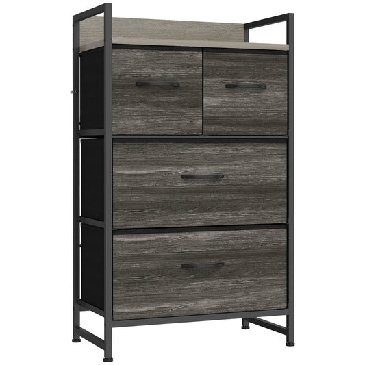 HOMCOM Rustic Chest of Four Fabric Drawers in Grey Wood Effect