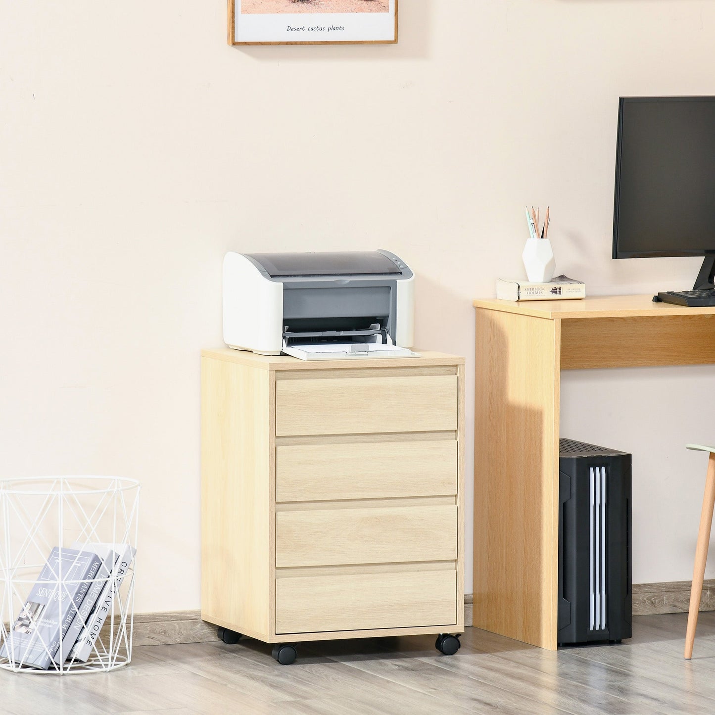 HOMCOM Four-Drawer Office Filing Cabinet, with Wheels - Natural