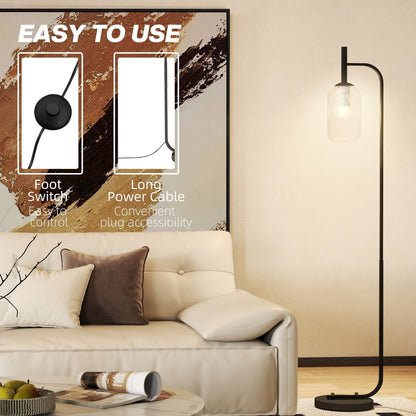HOMCOM Floor Lamp for Living Room with Glass Lampshade, Modern Standing Lamp with Foot Switch for Bedroom, Bulb not Included, Black