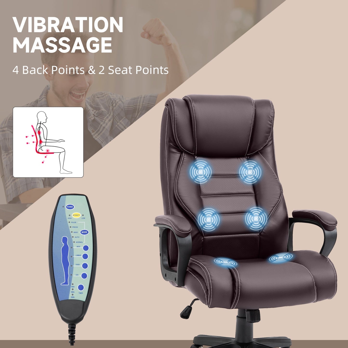 Vinsetto Office Chair with 6-Point Maaage, PU Desk Chair with Padded Seat and Armrest, Computer Chair with Tilt Function for Home, Brown