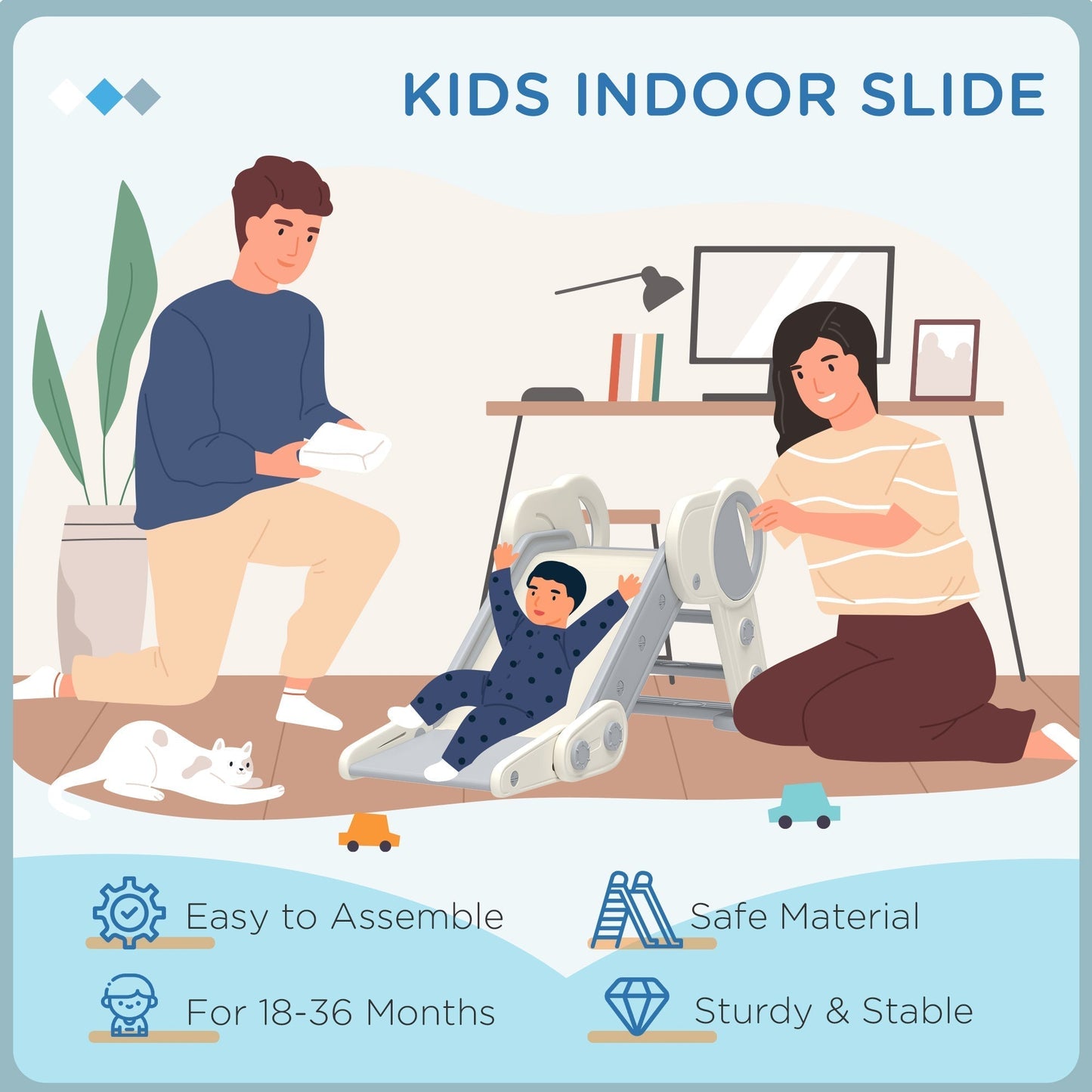 AIYAPLAY Foldable Kids Slide, Freestanding Baby Slide, for Ages 1.5-3 Years, Grey & Beige