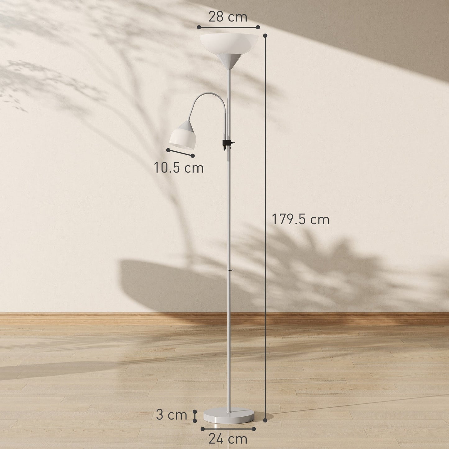 مصباح أرضي HOMCOM LED لغرفة المعيشة، مصباح قائم طويل بطول 180 سم، إضاءة علوية للأم والطفل برقبة مرنة قابلة للتعديل، 3000K/4500K/6500K درجات حرارة الألوان، فضي