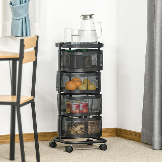 HOMCOM Metal Storage Cart, 4-Tier Storage Trolley on Wheels with 4 Mesh Baskets and Top Tray, Black