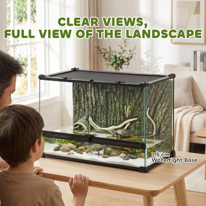 PawHut Reptile Glass Terrarium with Stone Background, Front Ventilation, Escape-Proof Knob Lock, 50 x 30 x 35 cm, Black