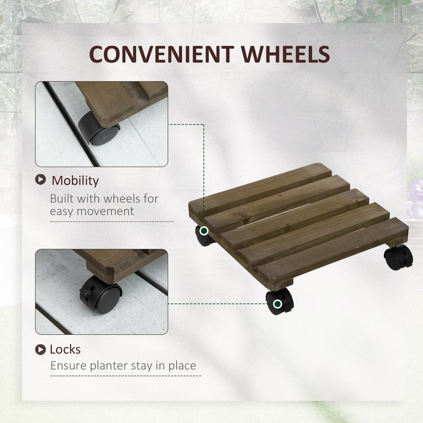 Outsunny 2 Pack Plant Caddy with Wheels, 30 cm Square Wooden Plant Pot Trolley, Pot Caddy for Outdoor Patios, Decks and Indoors, Dark Brown