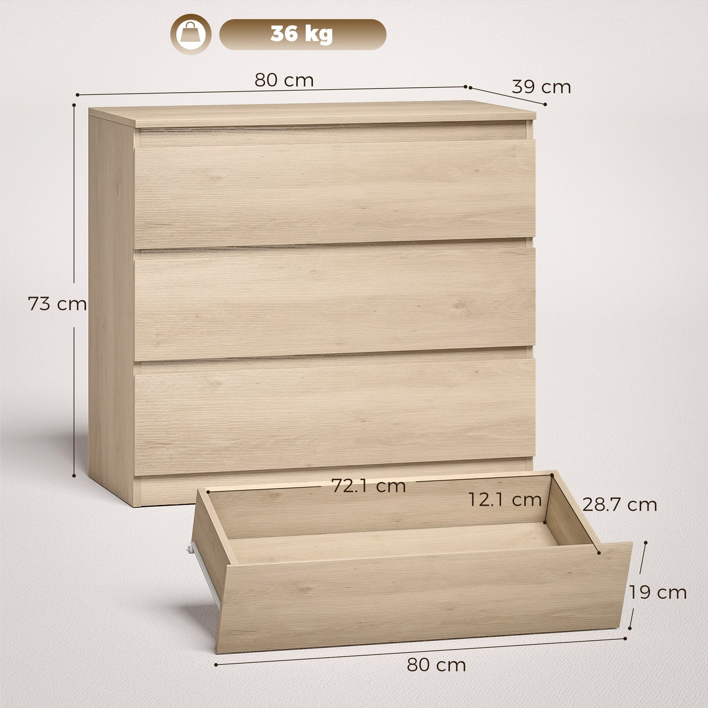 HOMCOM 3-Drawer Storage Organiser Unit, Chest of Drawers for Bedroom, Living Room, 80 x 39 x 73cm, Oak