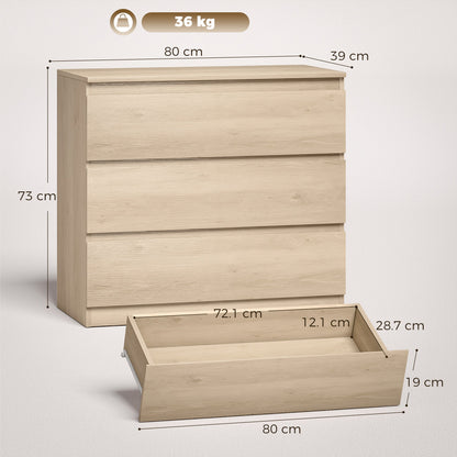 HOMCOM 3-Drawer Storage Organiser Unit, Chest of Drawers for Bedroom, Living Room, 80 x 39 x 73cm, Oak