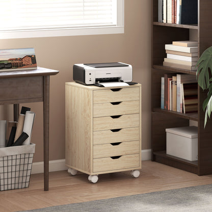 HOMCOM 6 Drawer Vertical File Cabinet, Mobile Filing Cabinet with Quiet Drawers and Wheels with 2 Brakes, Oak Wood Effect