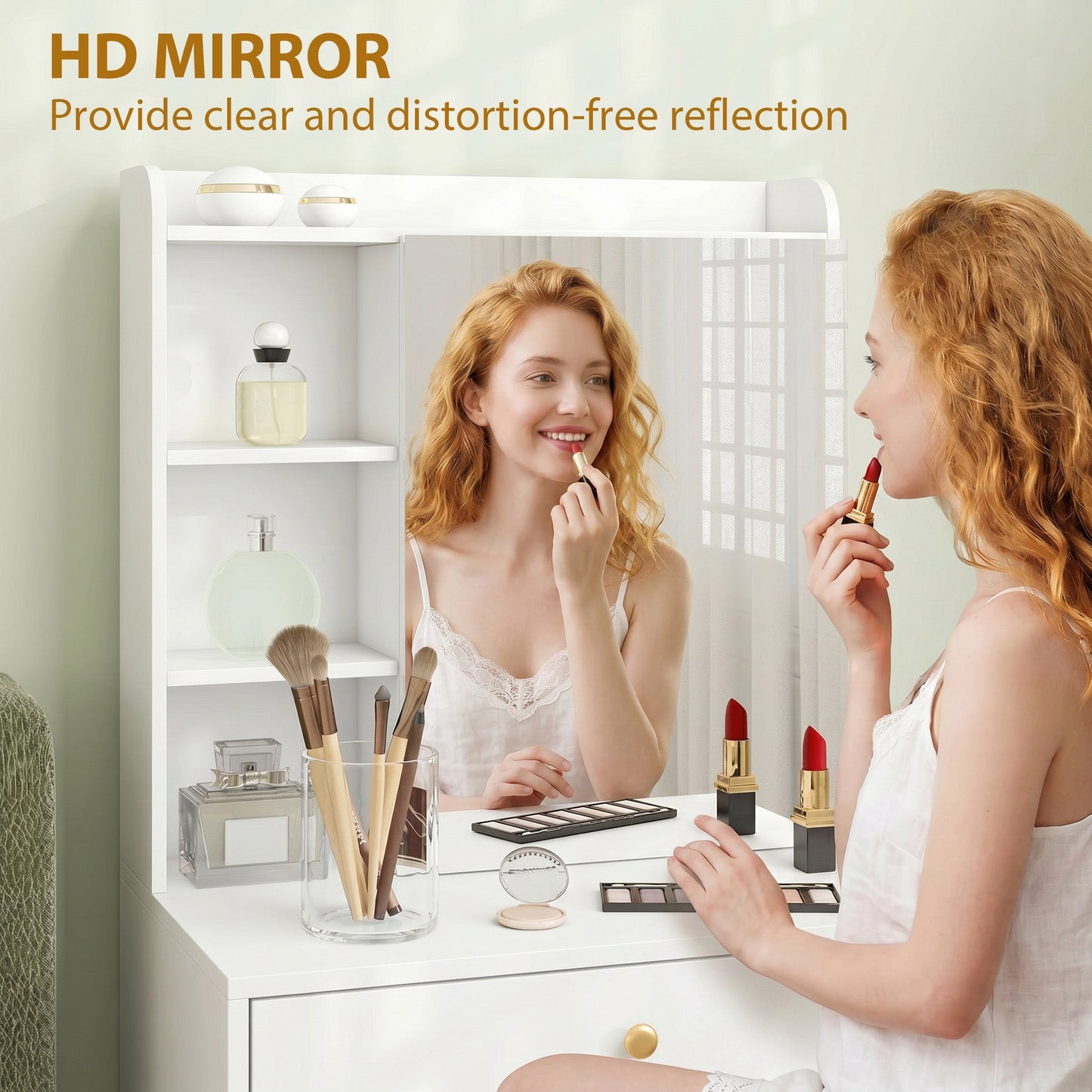 HOMCOM Dressing Table with Mirror and Mobile Storage Stool, Compact Vanity Table with Cabinet, Drawers, Open Shelves, White