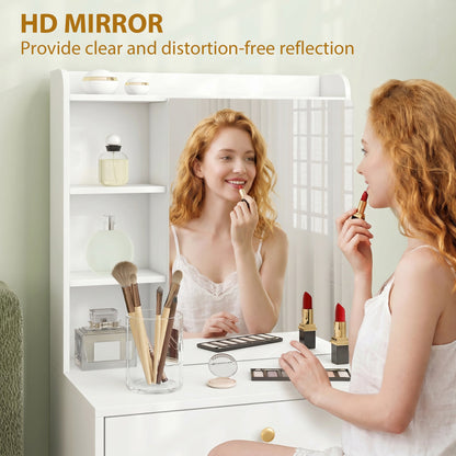 HOMCOM Dressing Table with Mirror and Mobile Storage Stool, Compact Vanity Table with Cabinet, Drawers, Open Shelves, White