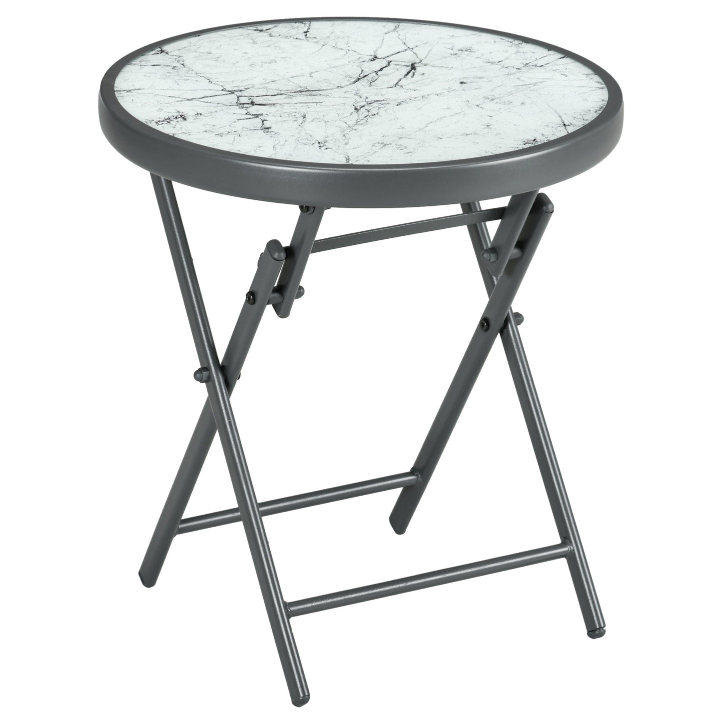 Outsunny a45cm Garden Side Table, Outdoor Round Folding Patio Table with Imitation Marble Glass Top, Small Coffee Table, White