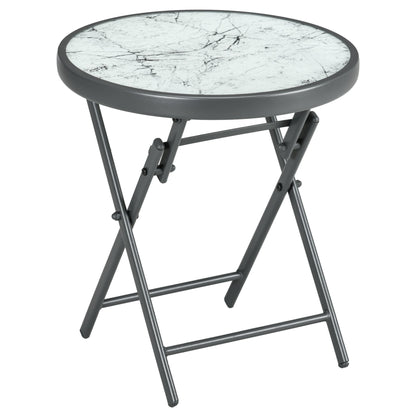 Outsunny a45cm Garden Side Table, Outdoor Round Folding Patio Table with Imitation Marble Glass Top, Small Coffee Table, White