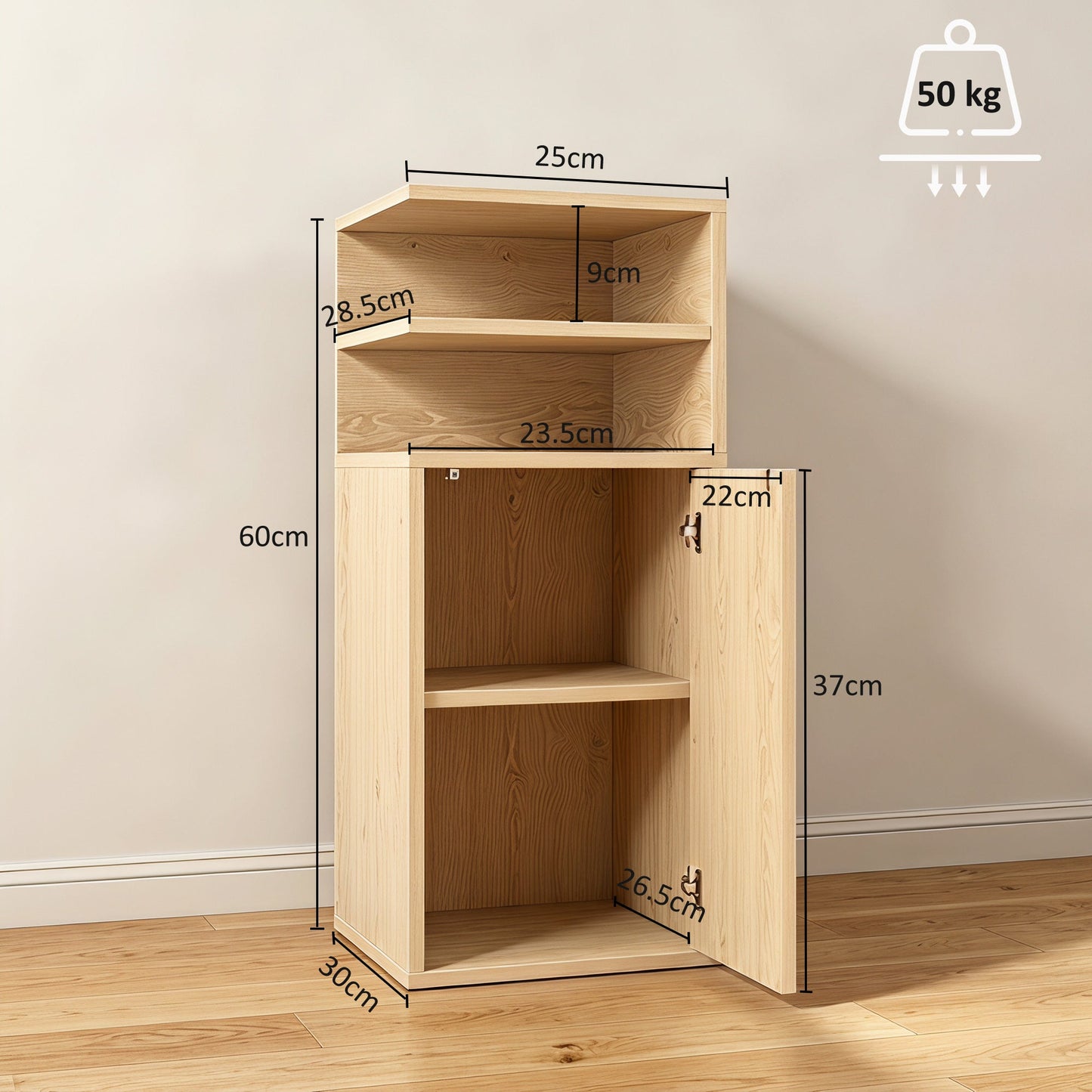 HOMCOM Slim Bedside Table Set of 2, Narrow Bedside Cabinet with Open Cubbies and Cupboard for Bedroom Living Room, Oak