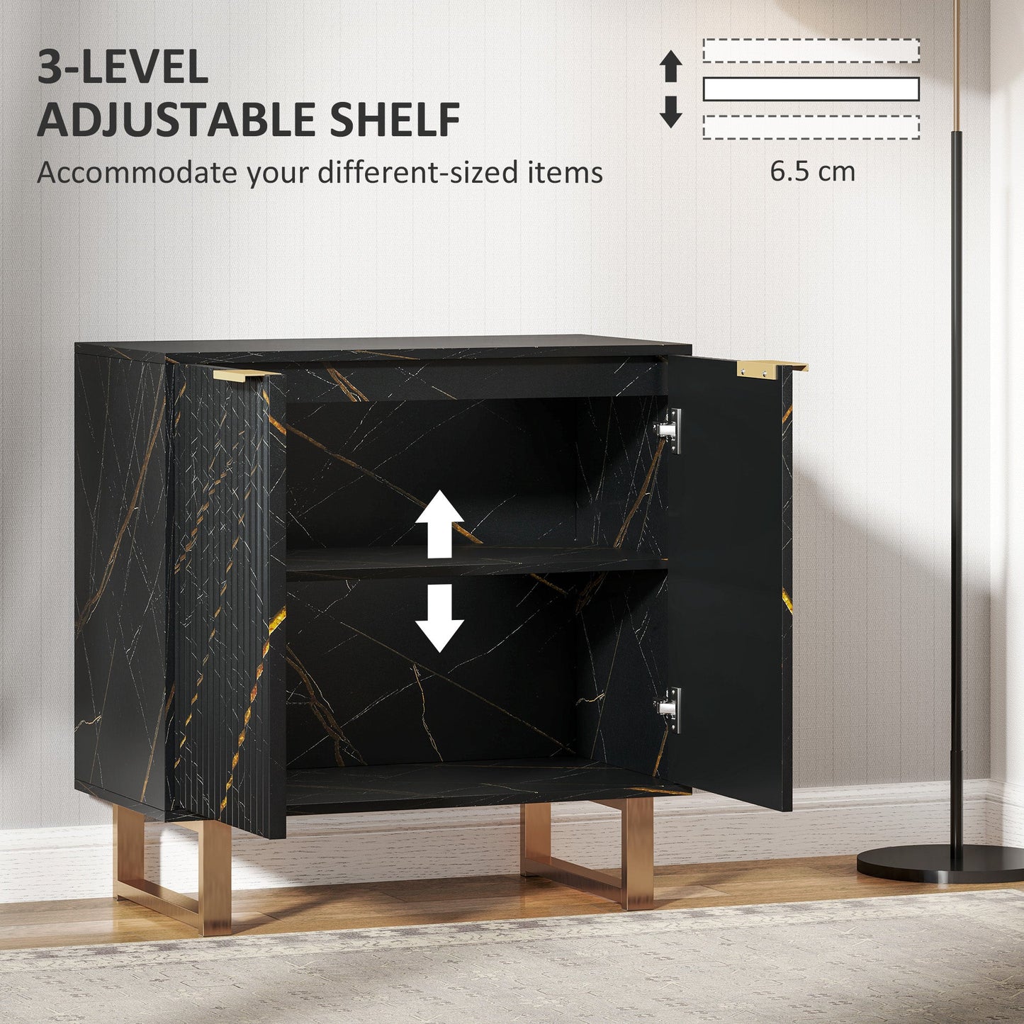 HOMCOM Sideboard, Accent Cabinet with Marble Effect, Adjustable Shelf, Fluted Doors and Drawers, Black