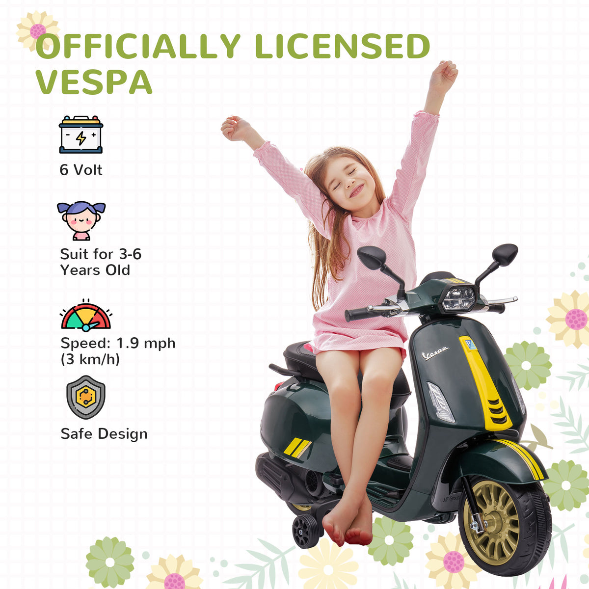 AIYAPLAY 12V Vespa Licensed Kids Electric Motorbike w/ Music in Green