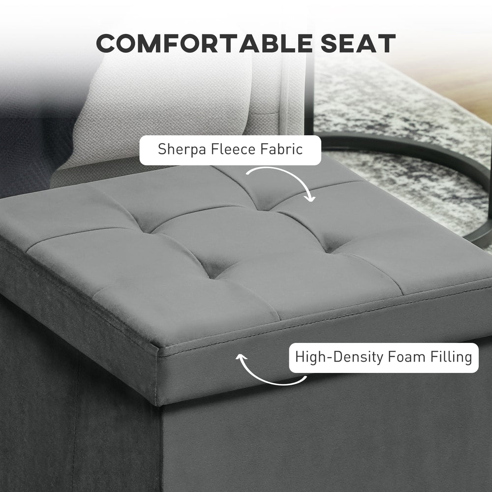 HOMCOM Foldable Velvet-Feel Storage Ottoman in Grey