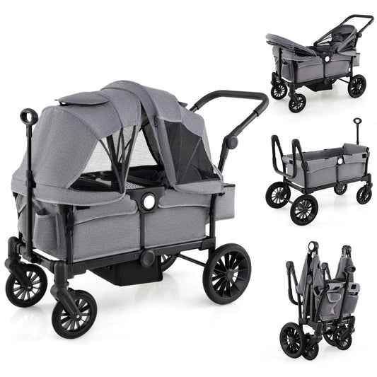 Wagon Stroller for 2 Kids with adjustable handle and removable canopy in grey, showing a front three-quarter view