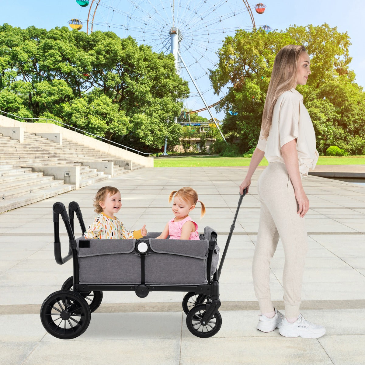 Wagon Stroller for 2 Kids with Adjustable Handle and Removable Canopy-Grey