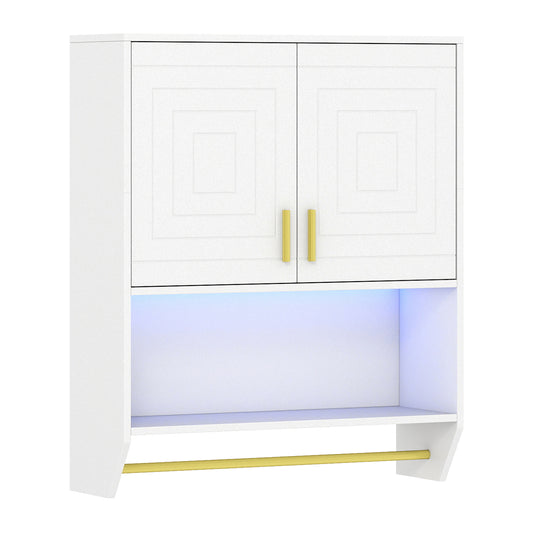 Wall Mounted Bathroom Cabinet with two white doors and gold handles, featuring an open shelf below with integrated lighting