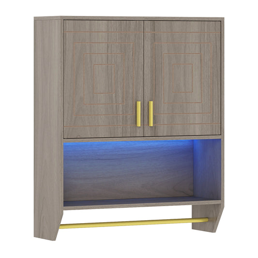 Wall Mounted Bathroom Cabinet in grey with gold handles and integrated lighting above an open shelf with towel rail