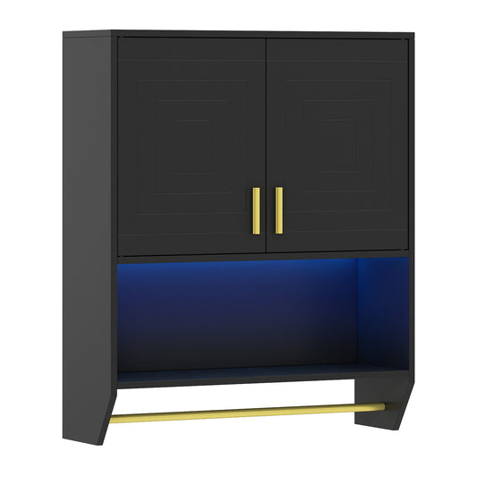 Wall Mounted Bathroom Cabinet in black with gold handles and a blue illuminated open shelf