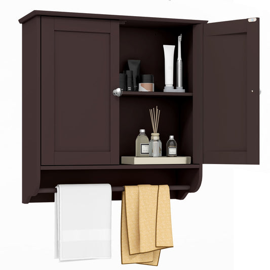 Wall Mounted Bathroom Cabinet with Adjustable Shelf, a brown wooden cabinet with two doors and two towels hanging below
