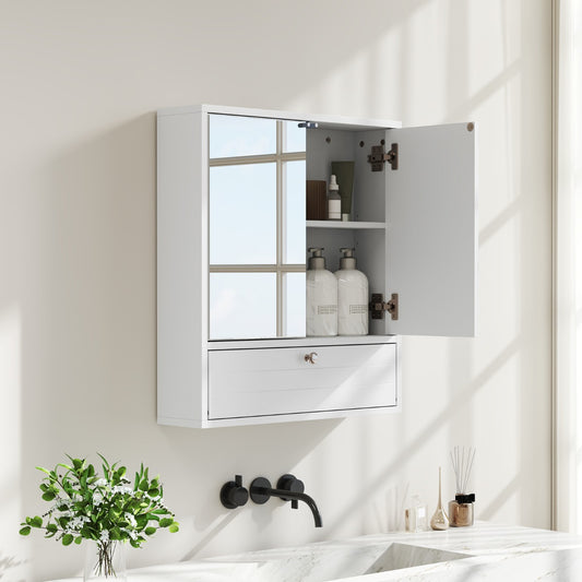 The wall cabinet mounted above a bathroom sink with one door open showing internal shelves