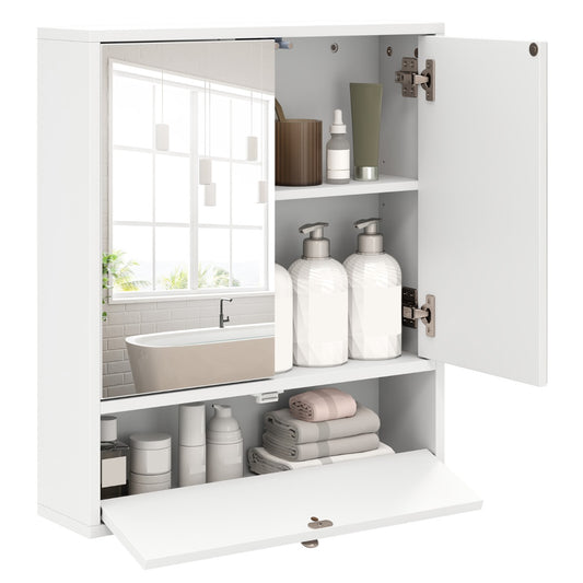 Wall-Mounted Bathroom Cabinet with an open door and flip-down compartment filled with toiletries