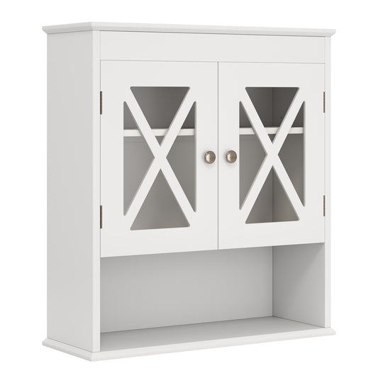 Wall Mounted Bathroom Cabinet in white with two doors featuring a cross pattern and an open shelf