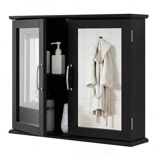 Wall-mounted Bathroom Mirror Cabinet with two mirrored doors and silver handles