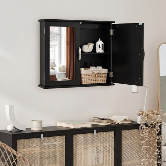 The black bathroom cabinet is open, showing storage shelves and items inside