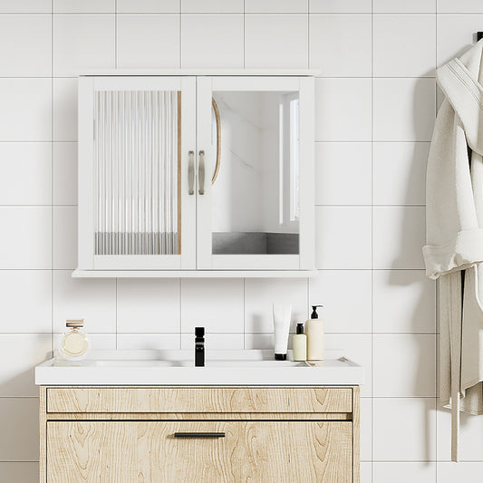 The white wall cabinet is mounted above a wooden vanity unit in a bathroom
