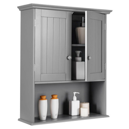 Wall Mounted Bathroom Storage Cabinet with Adjustable Shelf in grey, showing the front with doors closed and open