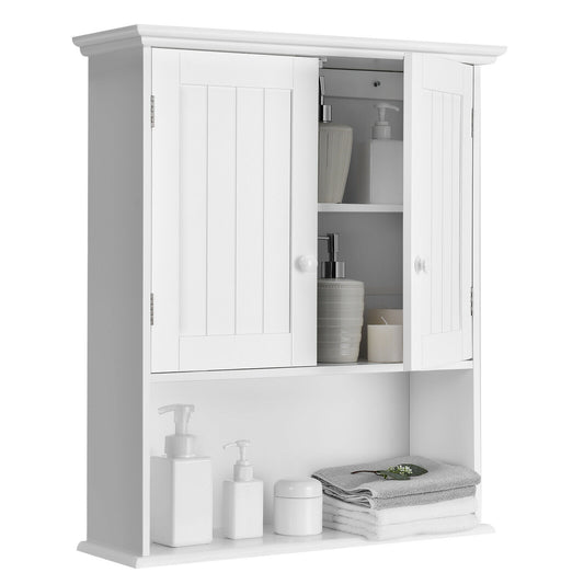 Wall Mounted Bathroom Storage Cabinet with Adjustable Shelf, a white cabinet with two doors and an open shelf below