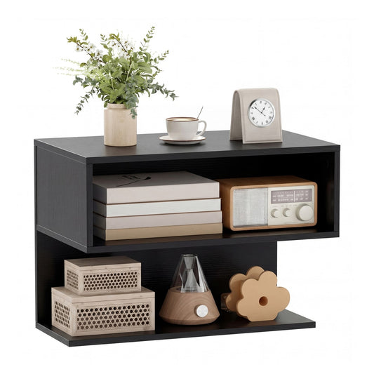 Wall Mounted Bedside Table with Storage Shelves in black, shown with decorative items and books