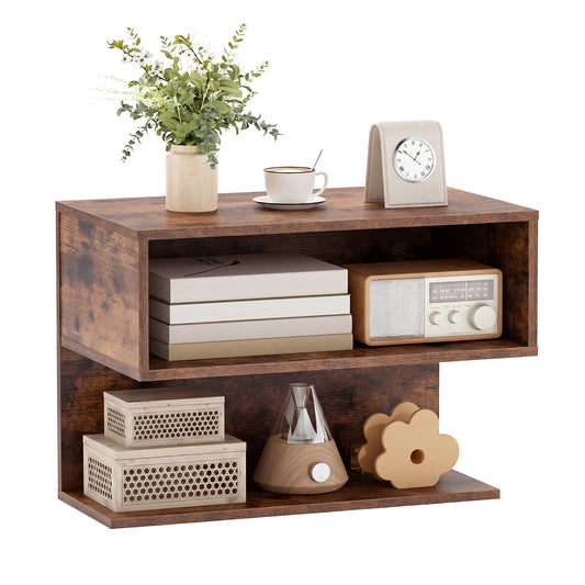 Wall Mounted Bedside Table with Storage Shelves in rustic brown wood effect