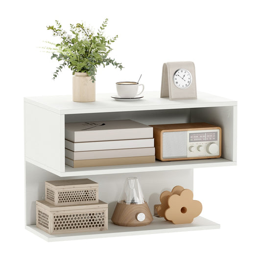 Wall Mounted Bedside Table with Storage Shelves, a white unit with an open shelf above a closed compartment