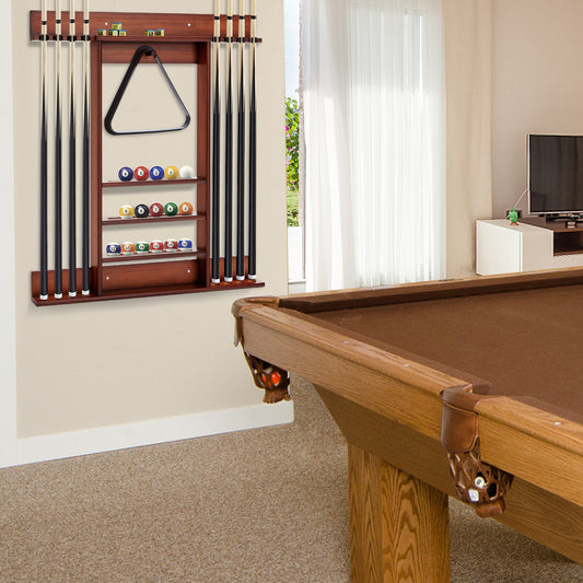 The billiards pool cue rack mounted on a wall above a pool table in a living room