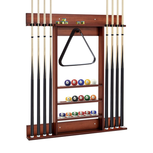 Wall-Mounted Billiards Pool Cue Rack holding cues and balls in a game room setting