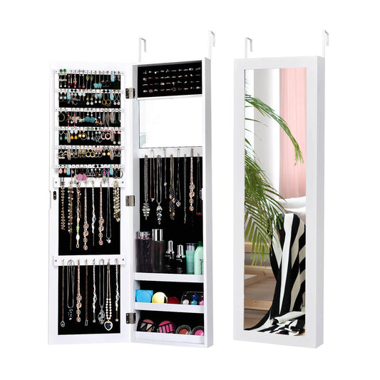 Wall Mounted Jewelry Armoire with built-in mirror and 3 shelves in white, open to reveal storage