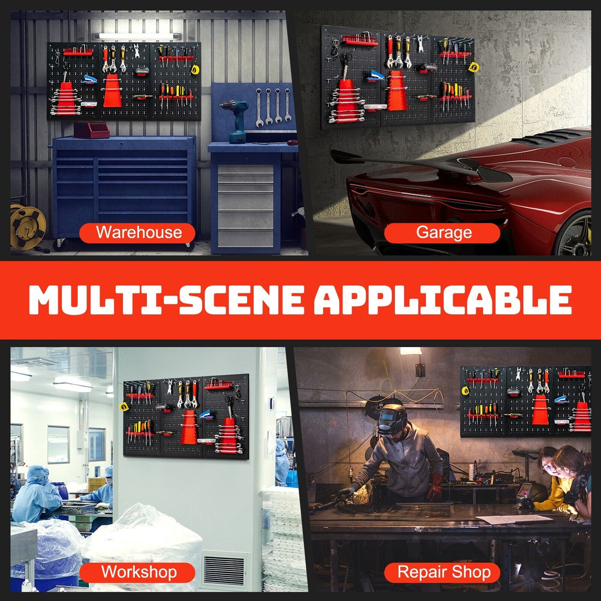 Collage showing the metal pegboard tool storage kit in a garage, workshop and repair shop