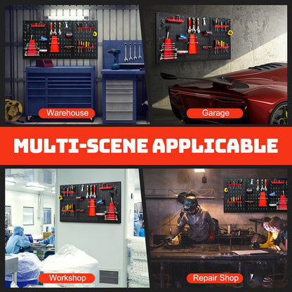 Collage showing the metal pegboard tool storage kit in a garage, workshop and repair shop