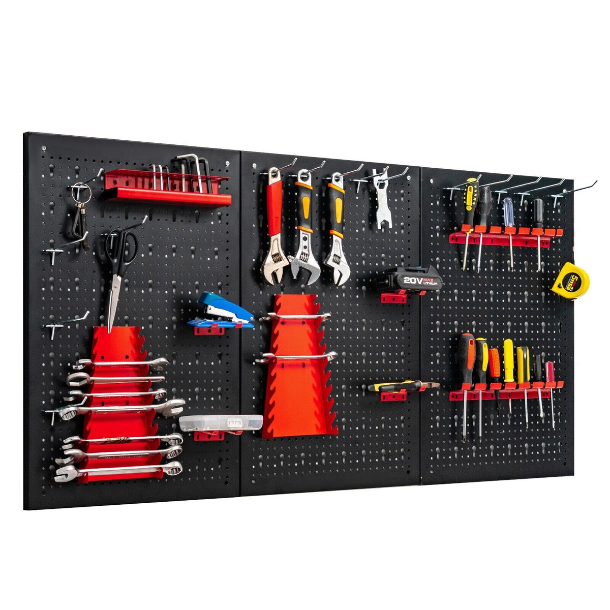 The metal pegboard organiser with various tools and red accessories