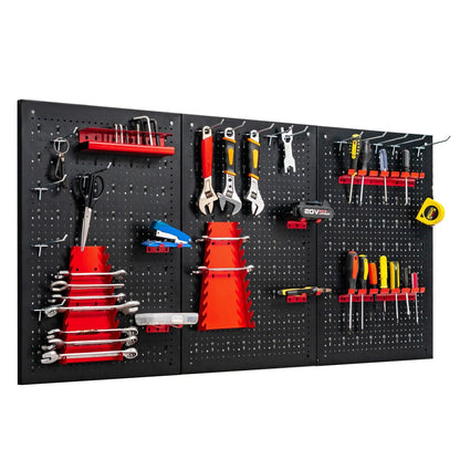 The metal pegboard organiser with various tools and red accessories