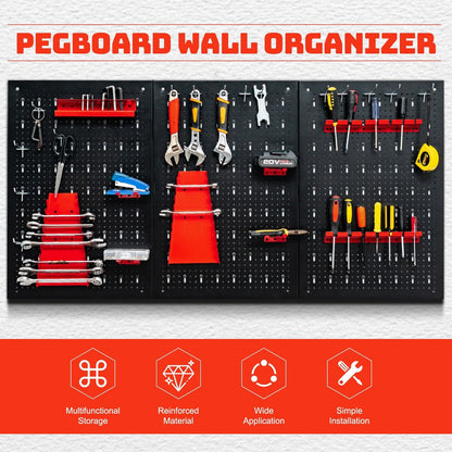 Metal pegboard tool storage kit with icons for storage, material, application and installation