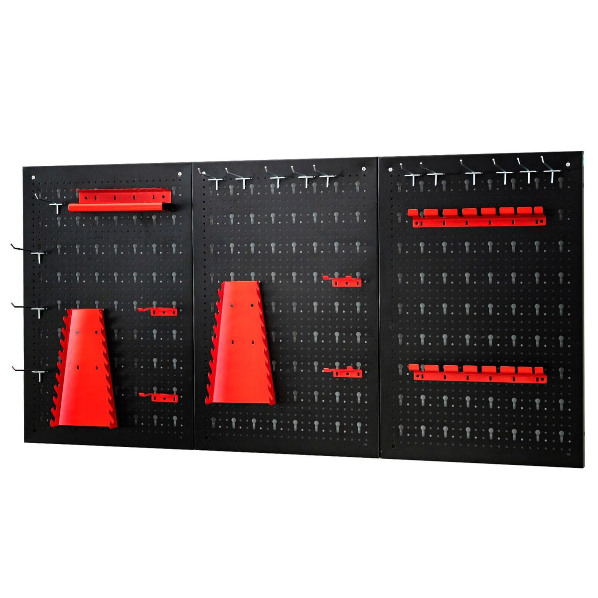 Wall-mounted Metal Pegboard Tool Storage Kit with 3 Pegboards showing three black boards with red holders and tools
