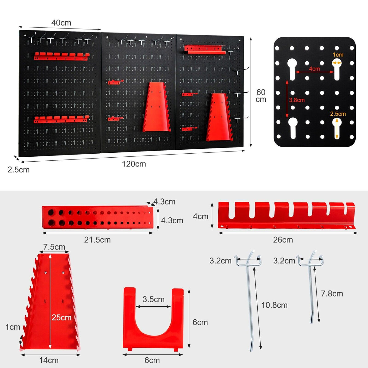 Diagram showing the parts included with the metal pegboard tool storage kit